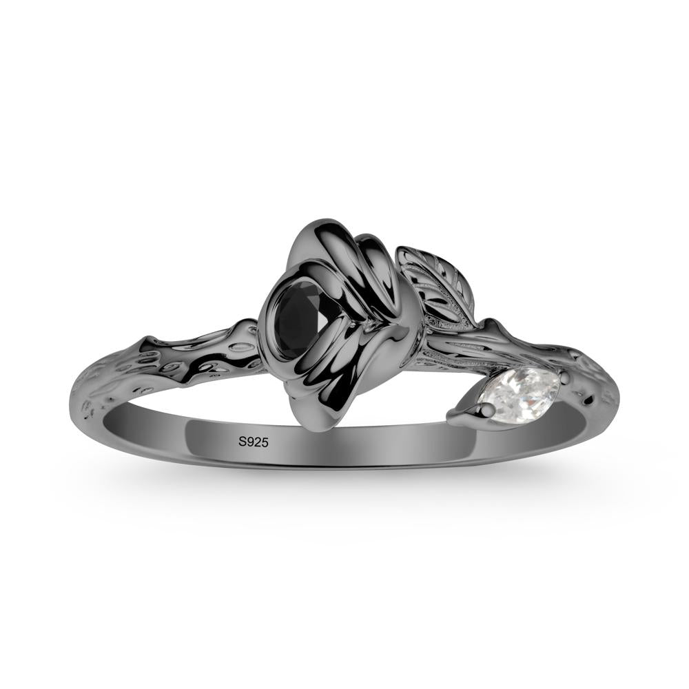 Rose Black Spinel Ring with Woodgrain Textured - LUO Jewelry #metal_black finish sterling silver