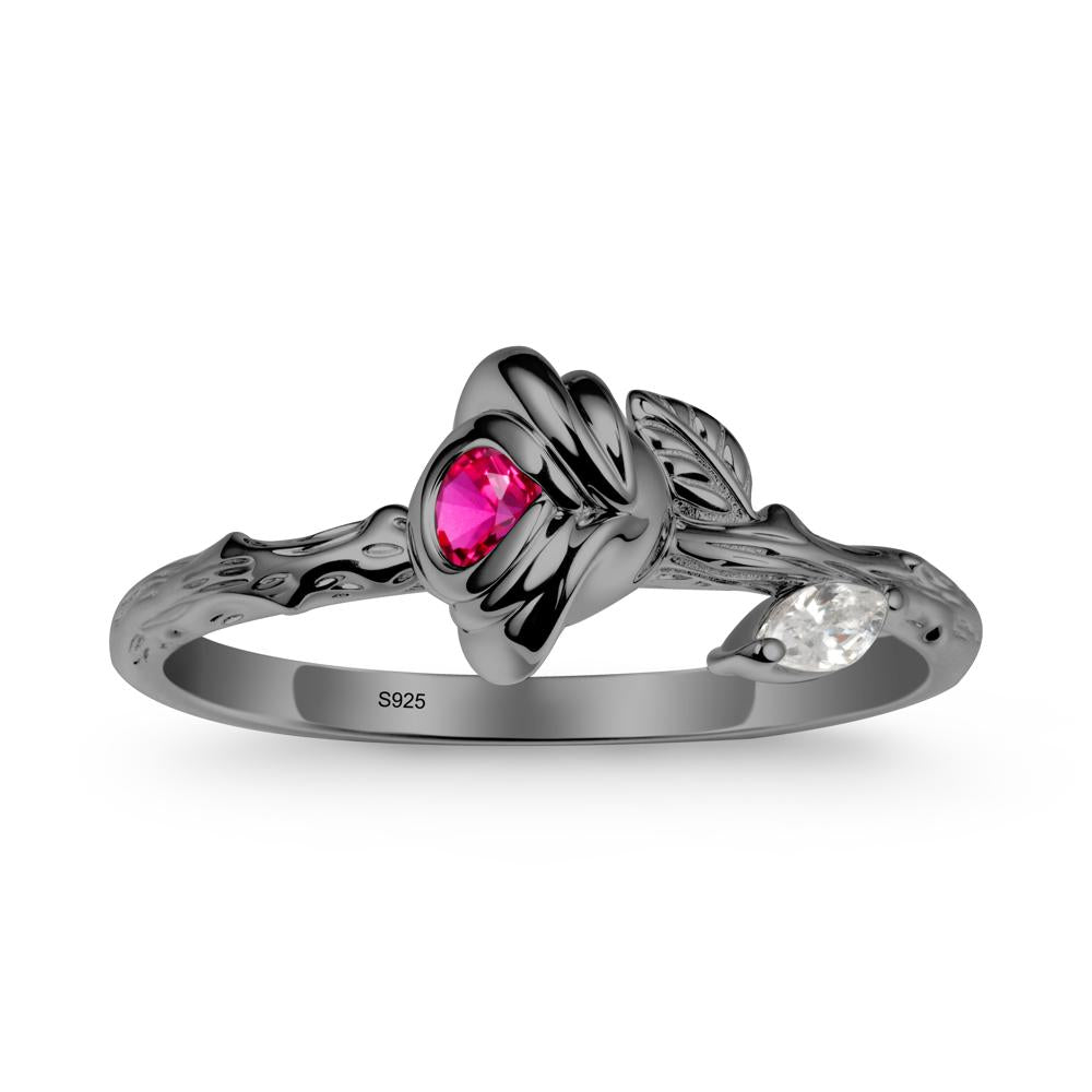 Rose Ruby Ring with Woodgrain Textured - LUO Jewelry #metal_black finish sterling silver