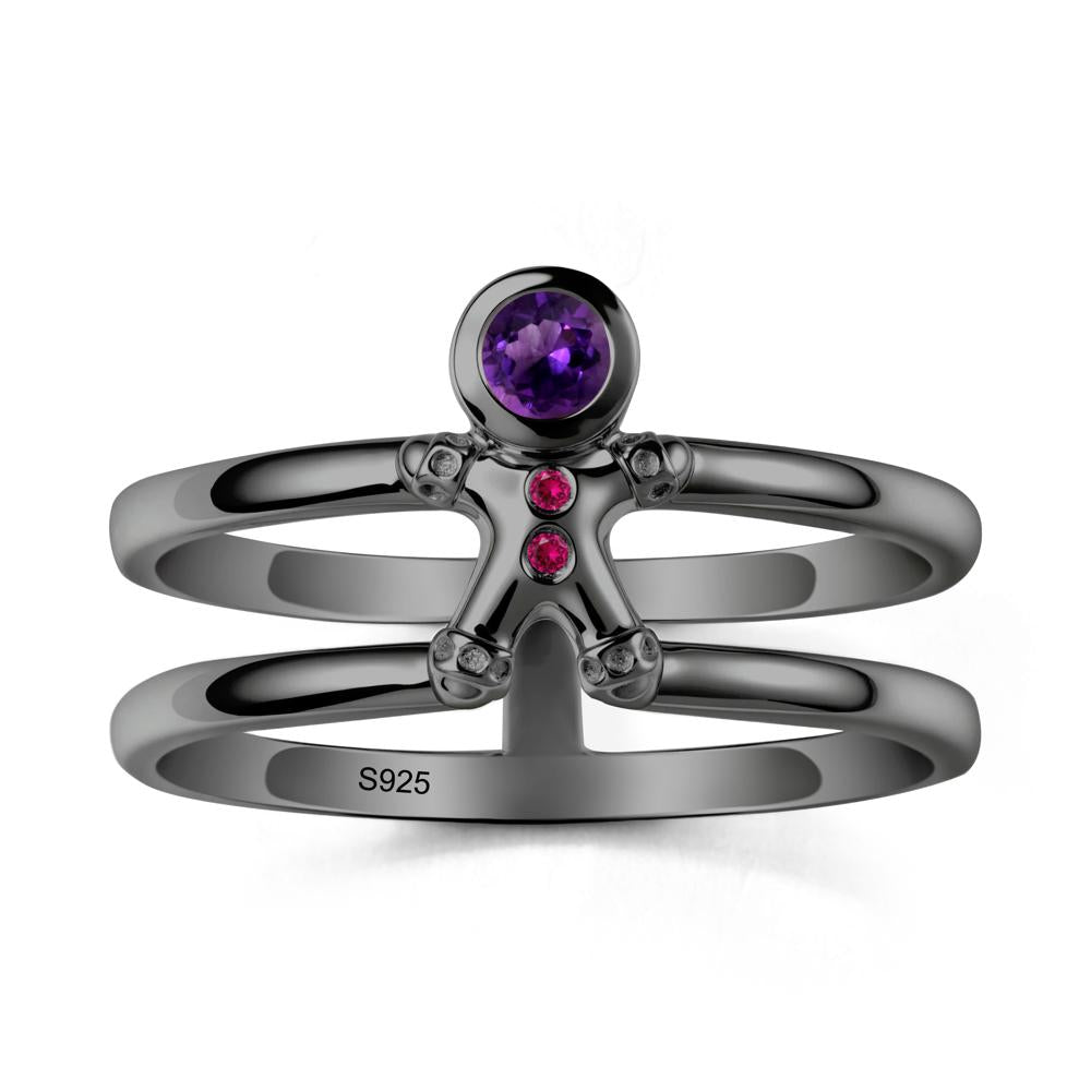 Double Band Round Amethyst and Ruby Ring - LUO Jewelry #metal_black finish sterling silver