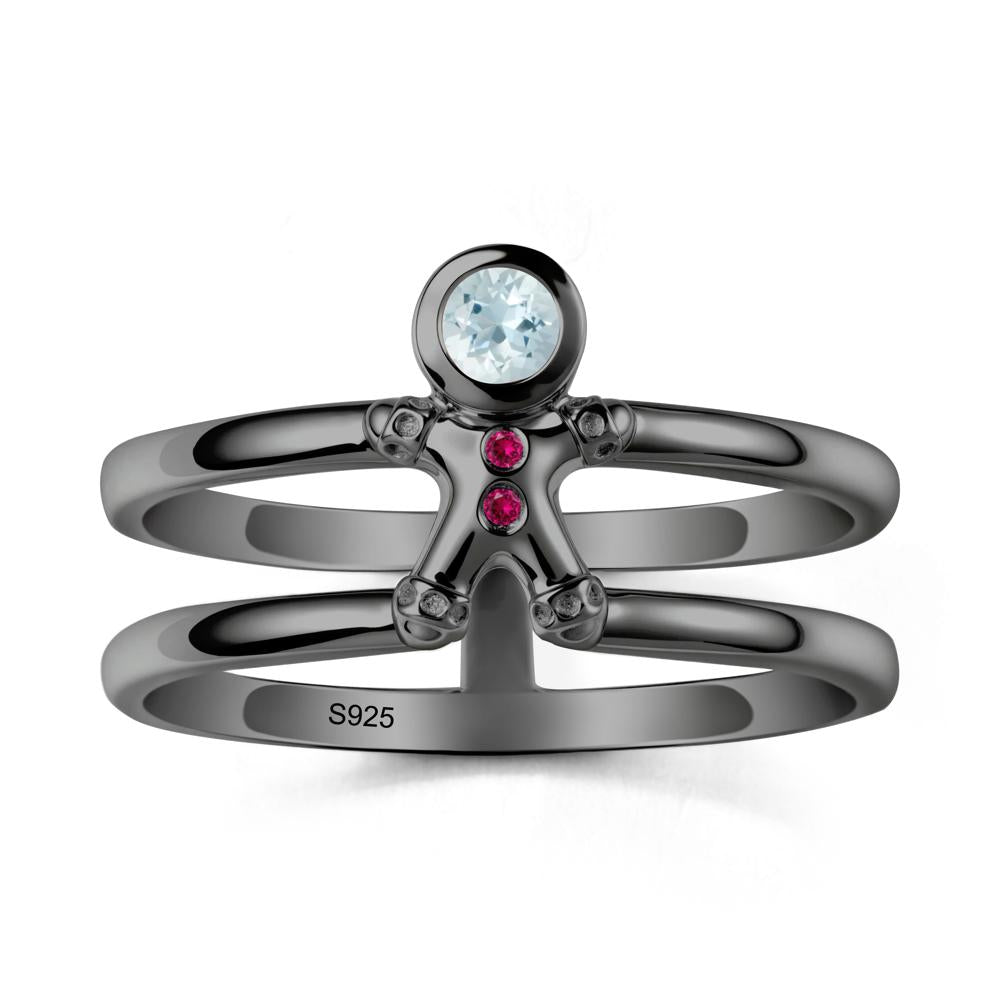 Bezel Setting Round Aquamarine and Ruby Ring - LUO Jewelry #metal_black finish sterling silver