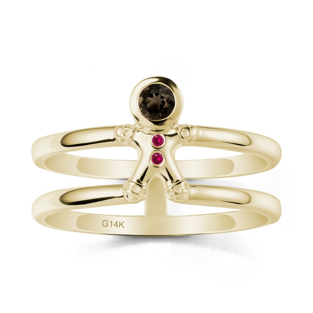 Bezel Setting Round Smoky Quartz and Ruby Ring - LUO Jewelry #metal_14k yellow gold