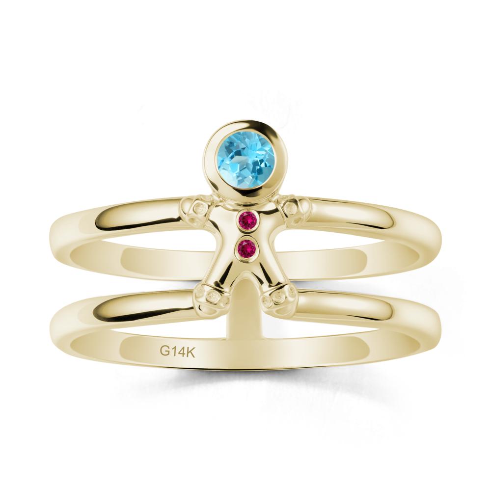 Chrismas Swiss Blue Topaz and Ruby Ring-Gingerbread Man - LUO Jewelry #metal_14k yellow gold