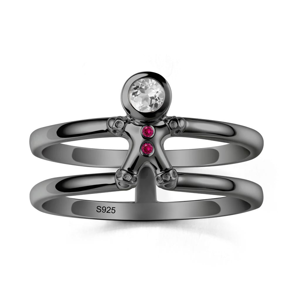 Bezel Setting Round White Topaz and Ruby Ring - LUO Jewelry #metal_black finish sterling silver