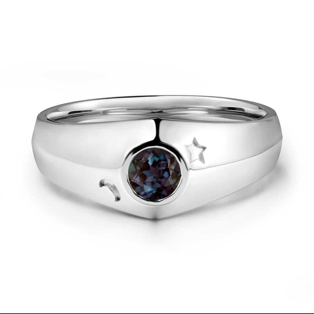 Bezel Setting Round Alexandrite Man Ring - LUO Jewelry #metal_18k white gold