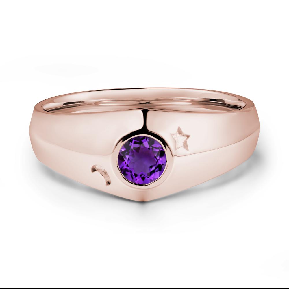 Crescent Moon and Star Bezel Set Amethyst Man Ring - LUO Jewelry #metal_14k rose gold