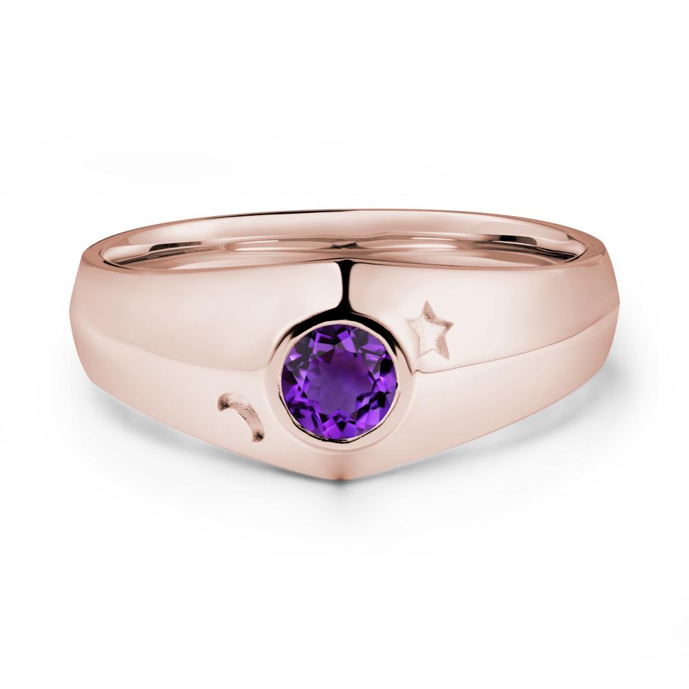 Crescent Moon and Star Bezel Set Amethyst Man Ring - LUO Jewelry #metal_14k rose gold