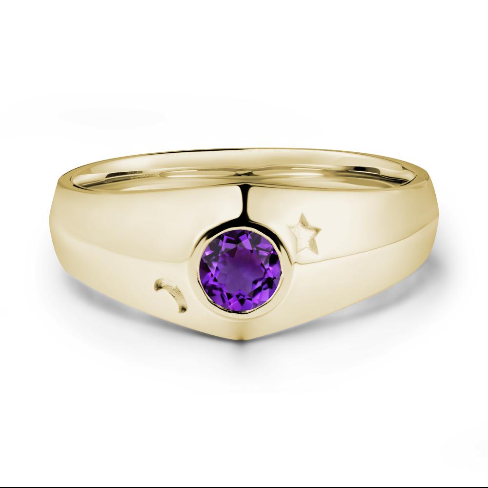Crescent Moon and Star Bezel Set Amethyst Man Ring - LUO Jewelry #metal_14k yellow gold