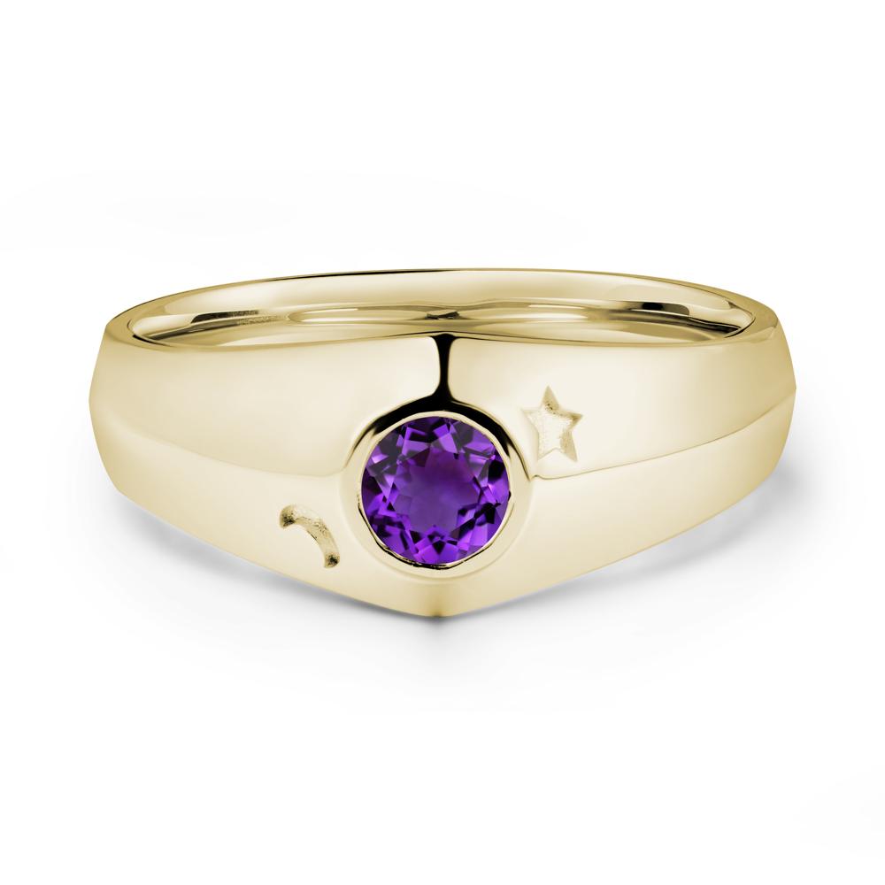 Crescent Moon and Star Bezel Set Amethyst Man Ring - LUO Jewelry #metal_14k yellow gold