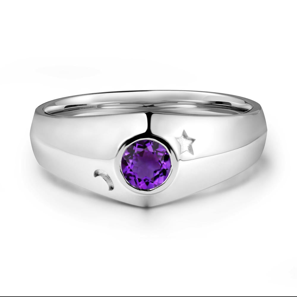 Crescent Moon and Star Bezel Set Amethyst Man Ring - LUO Jewelry #metal_18k white gold