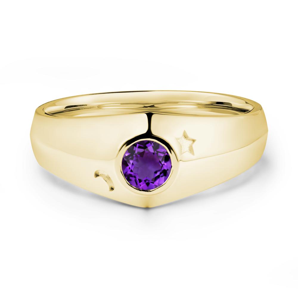 Crescent Moon and Star Bezel Set Amethyst Man Ring - LUO Jewelry #metal_18k yellow gold