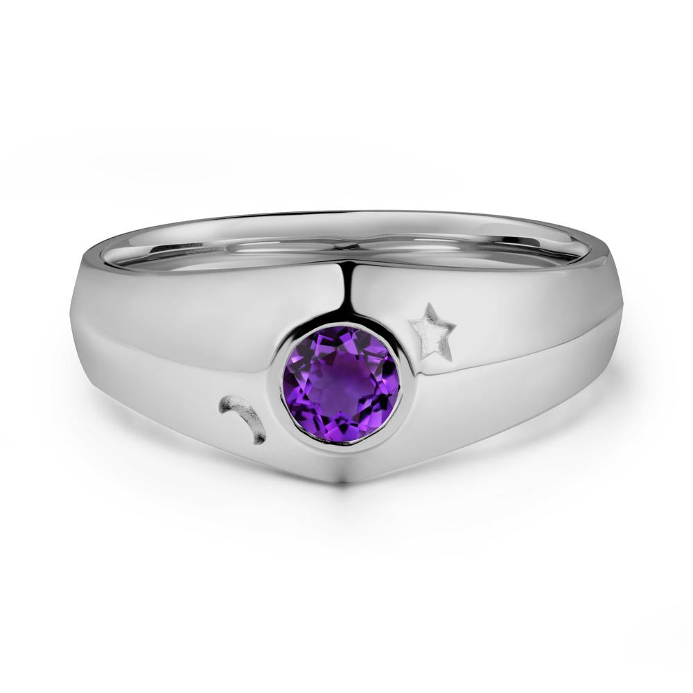 Crescent Moon and Star Bezel Set Amethyst Man Ring - LUO Jewelry #metal_platinum