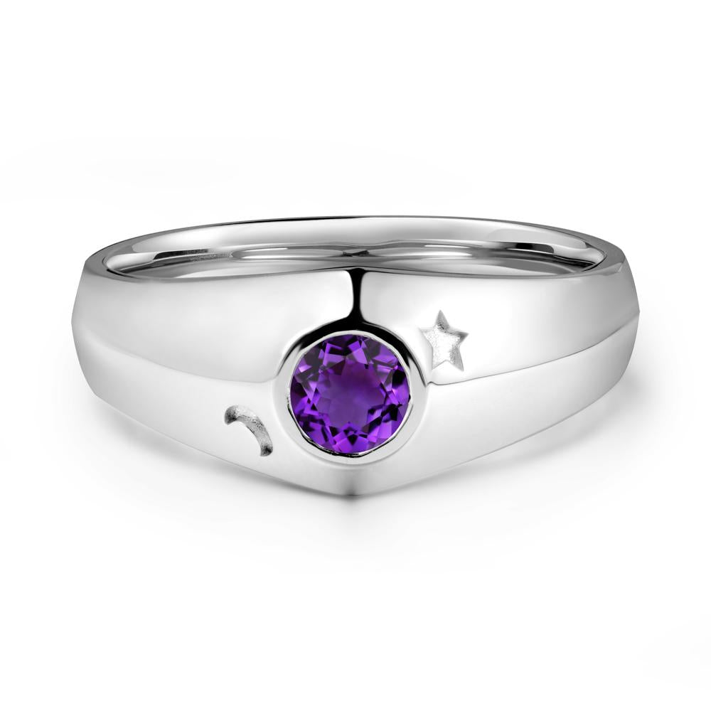 Crescent Moon and Star Bezel Set Amethyst Man Ring - LUO Jewelry #metal_sterling silver