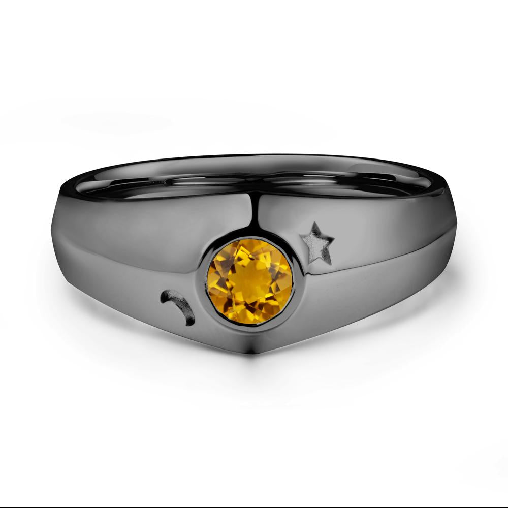 Crescent Moon and Star Bezel Set Citrine Man Ring - LUO Jewelry #metal_black finish sterling silver
