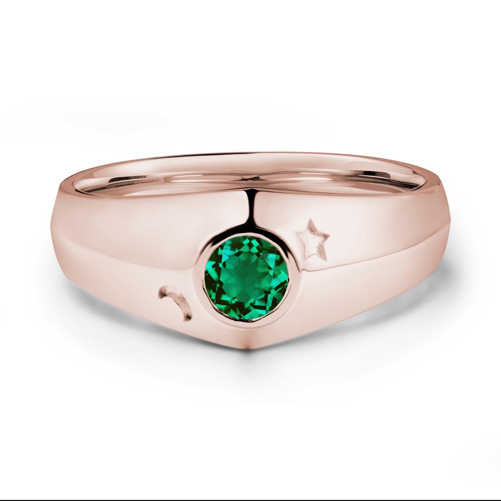 Crescent Moon and Star Bezel Set Emerald Man Ring - LUO Jewelry #metal_14k rose gold