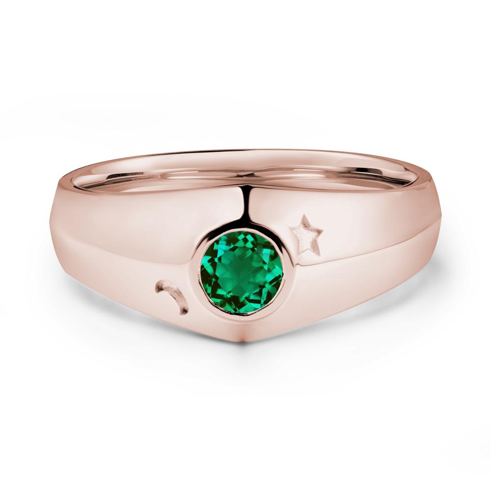 Crescent Moon and Star Bezel Set Emerald Man Ring - LUO Jewelry #metal_14k rose gold