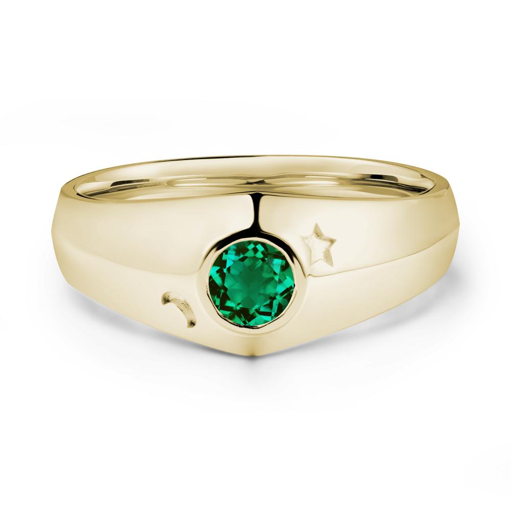 Crescent Moon and Star Bezel Set Emerald Man Ring - LUO Jewelry #metal_14k yellow gold