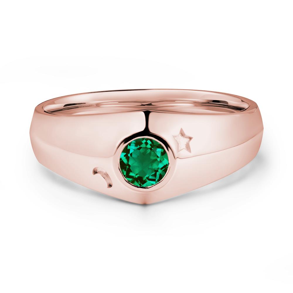 Crescent Moon and Star Bezel Set Emerald Man Ring - LUO Jewelry #metal_18k rose gold