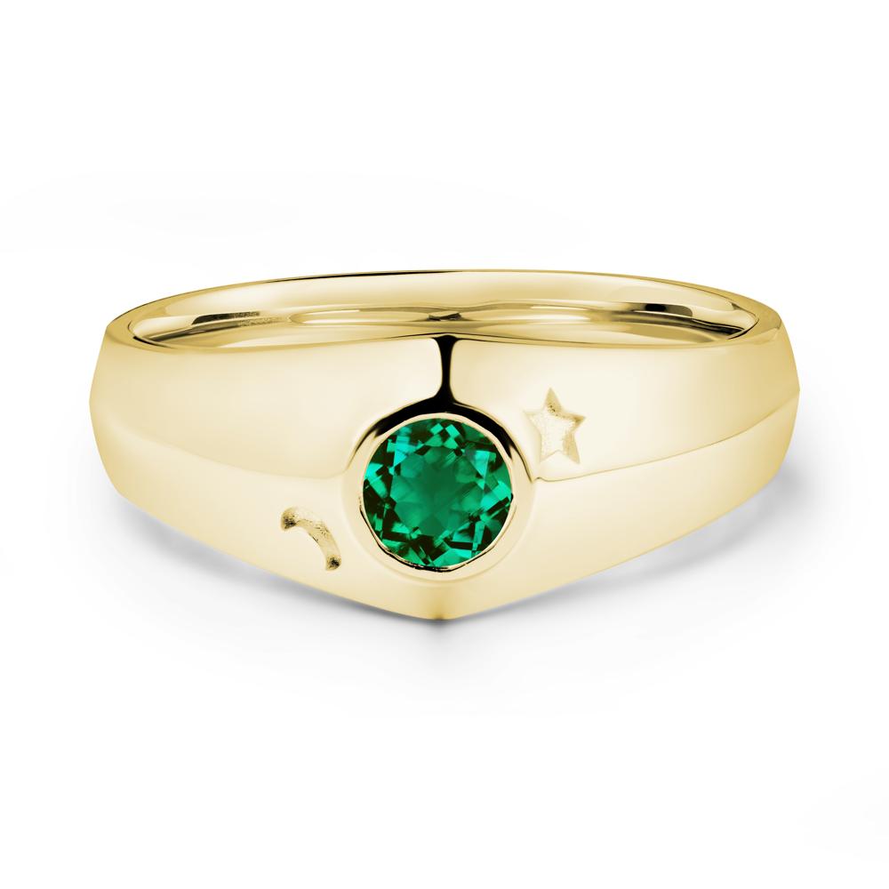 Crescent Moon and Star Bezel Set Emerald Man Ring - LUO Jewelry #metal_18k yellow gold