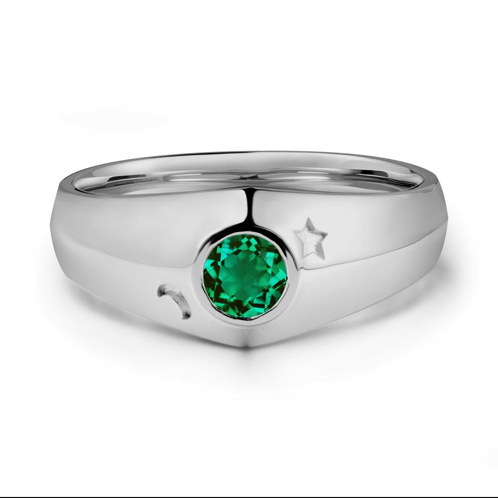 Crescent Moon and Star Bezel Set Emerald Man Ring - LUO Jewelry #metal_platinum