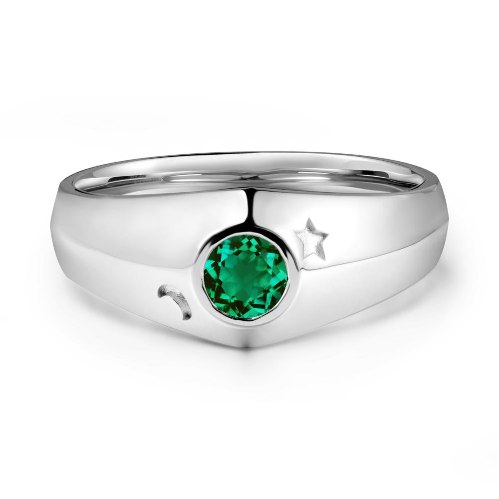 Crescent Moon and Star Bezel Set Emerald Man Ring - LUO Jewelry #metal_sterling silver