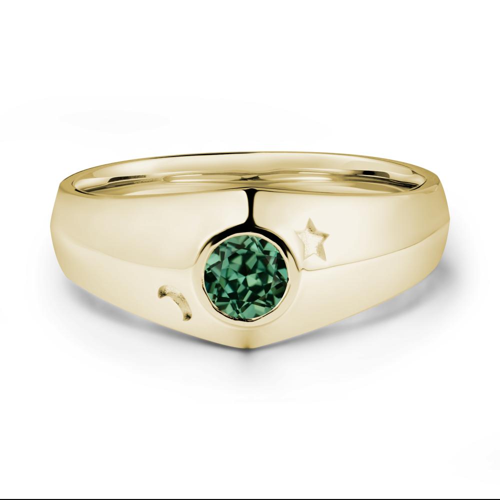 Crescent Moon and Star Bezel Set Green Sapphire Man Ring - LUO Jewelry #metal_14k yellow gold