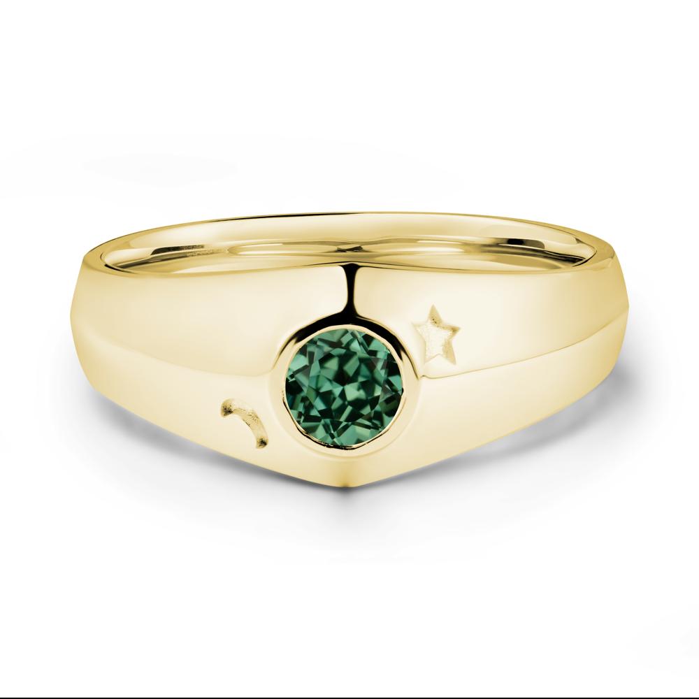 Crescent Moon and Star Bezel Set Green Sapphire Man Ring - LUO Jewelry #metal_18k yellow gold