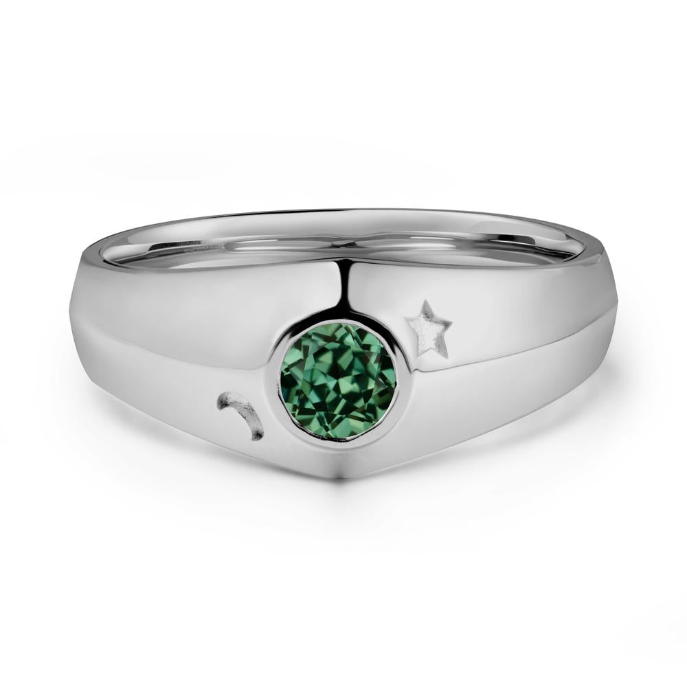 Crescent Moon and Star Bezel Set Green Sapphire Man Ring - LUO Jewelry #metal_platinum