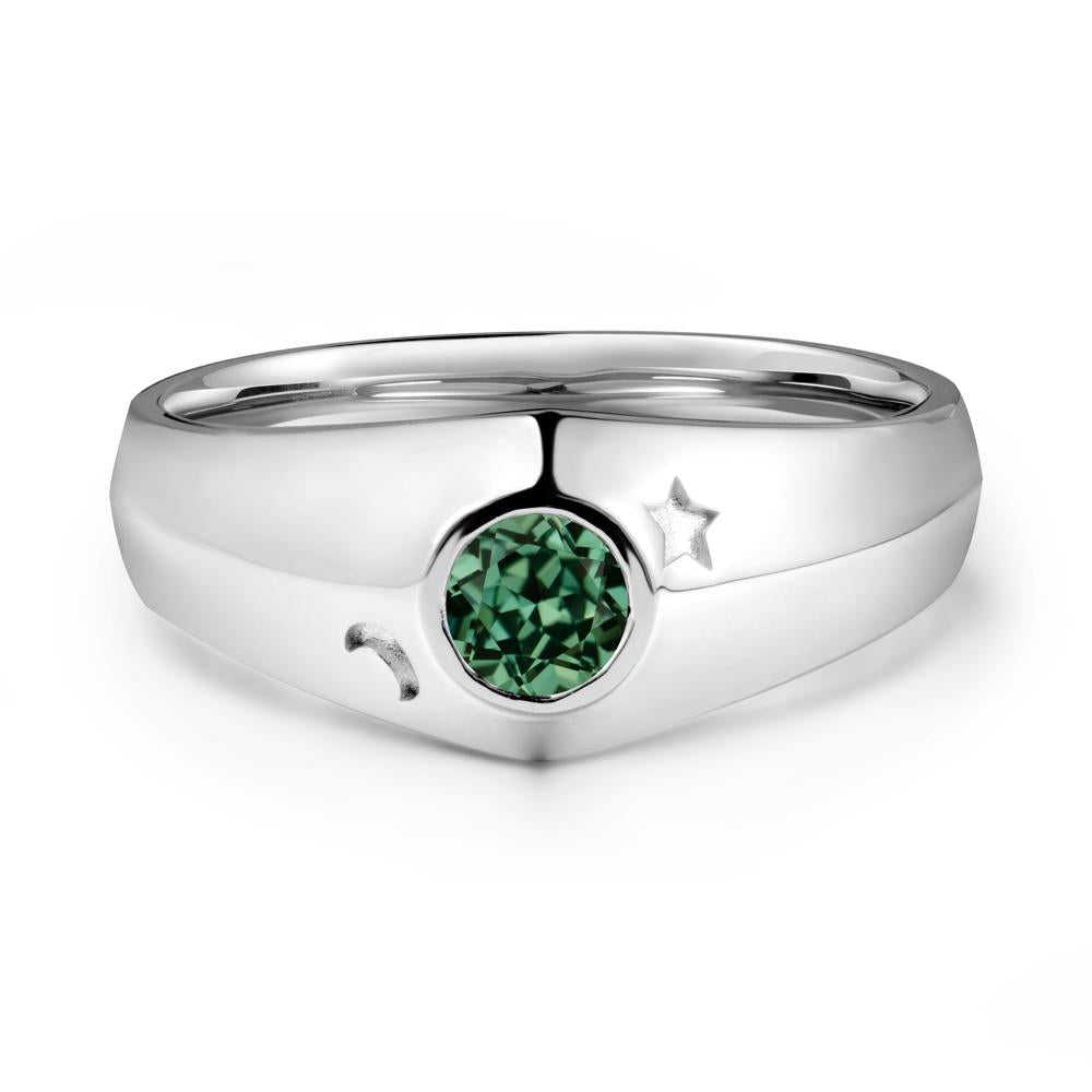 Crescent Moon and Star Bezel Set Green Sapphire Man Ring - LUO Jewelry #metal_sterling silver