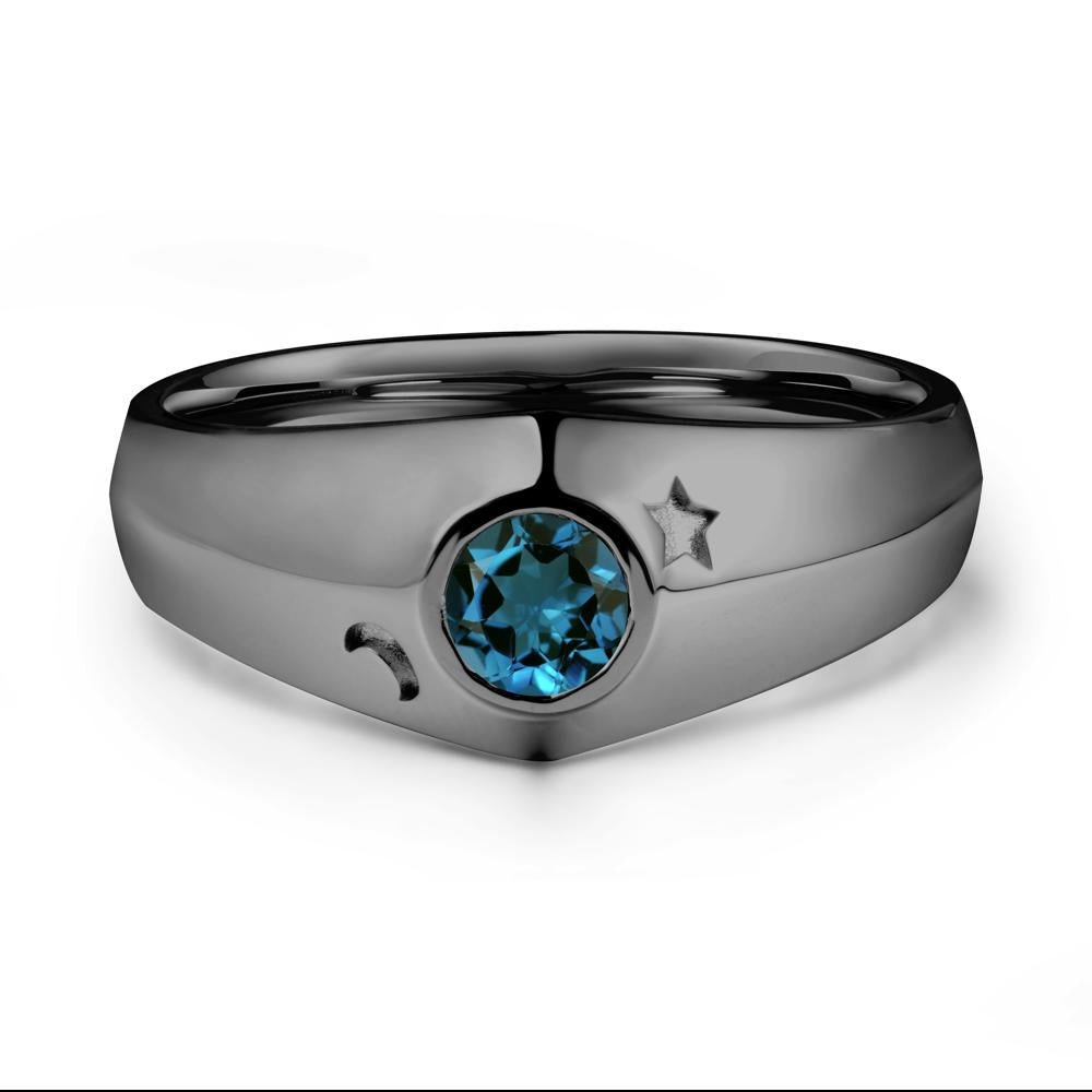 Bezel Setting Round London Blue Topaz Man Ring - LUO Jewelry #metal_black finish sterling silver