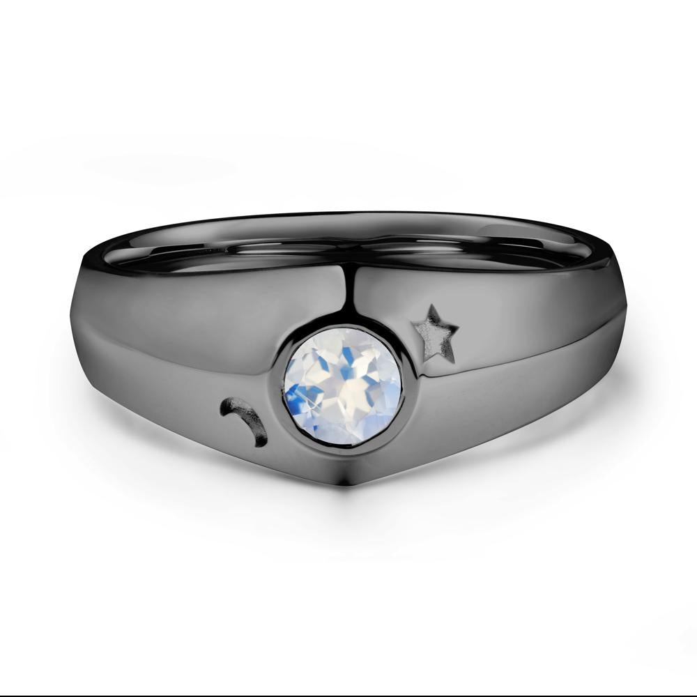 Crescent Moon and Star Bezel Set Moonstone Man Ring - LUO Jewelry #metal_black finish sterling silver