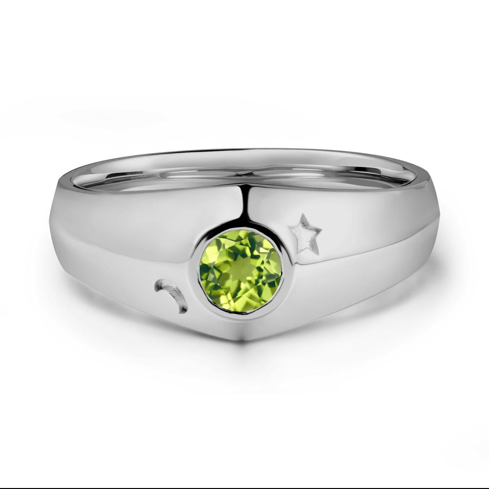 Crescent Moon and Star Bezel Set Peridot Man Ring - LUO Jewelry #metal_platinum