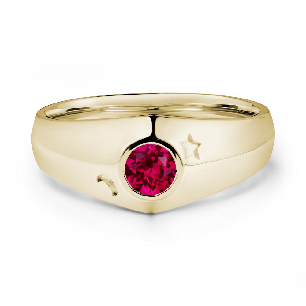 Crescent Moon and Star Bezel Set Ruby Man Ring - LUO Jewelry #metal_14k yellow gold