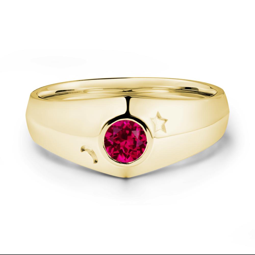 Crescent Moon and Star Bezel Set Ruby Man Ring - LUO Jewelry #metal_18k yellow gold