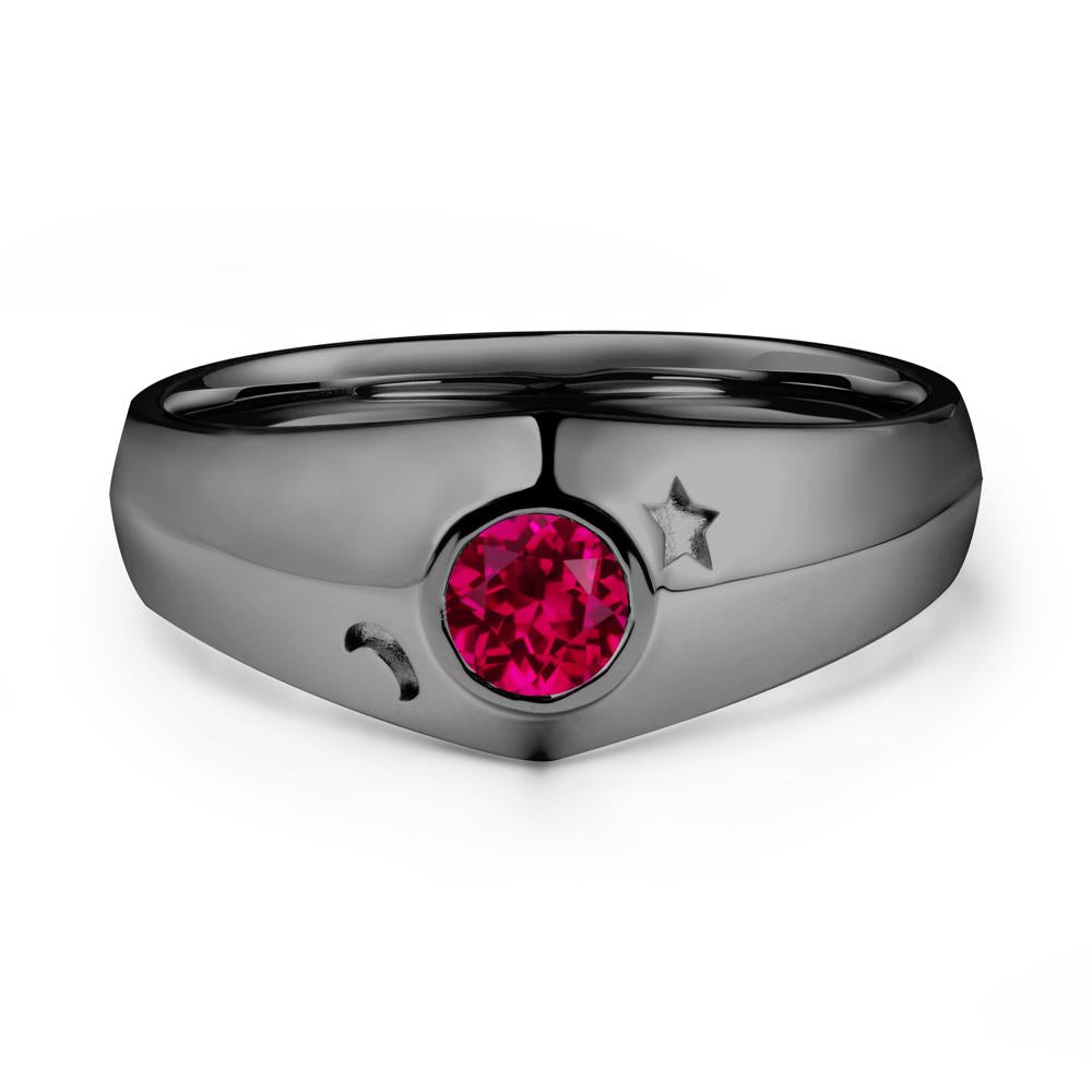 Crescent Moon and Star Bezel Set Ruby Man Ring - LUO Jewelry #metal_black finish sterling silver