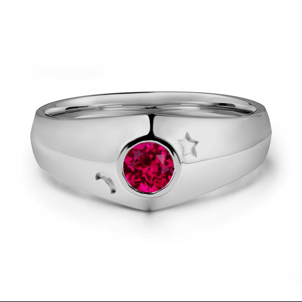 Crescent Moon and Star Bezel Set Ruby Man Ring - LUO Jewelry #metal_platinum