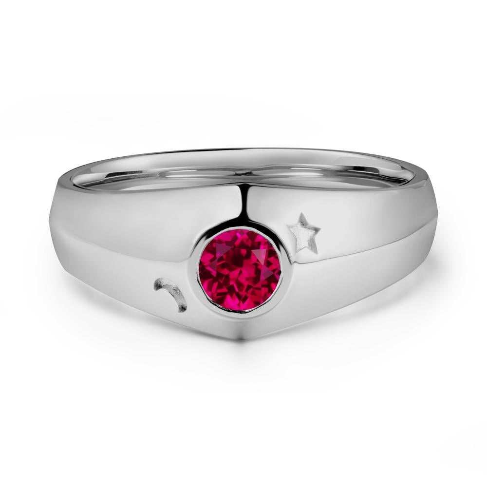 Crescent Moon and Star Bezel Set Ruby Man Ring - LUO Jewelry #metal_platinum