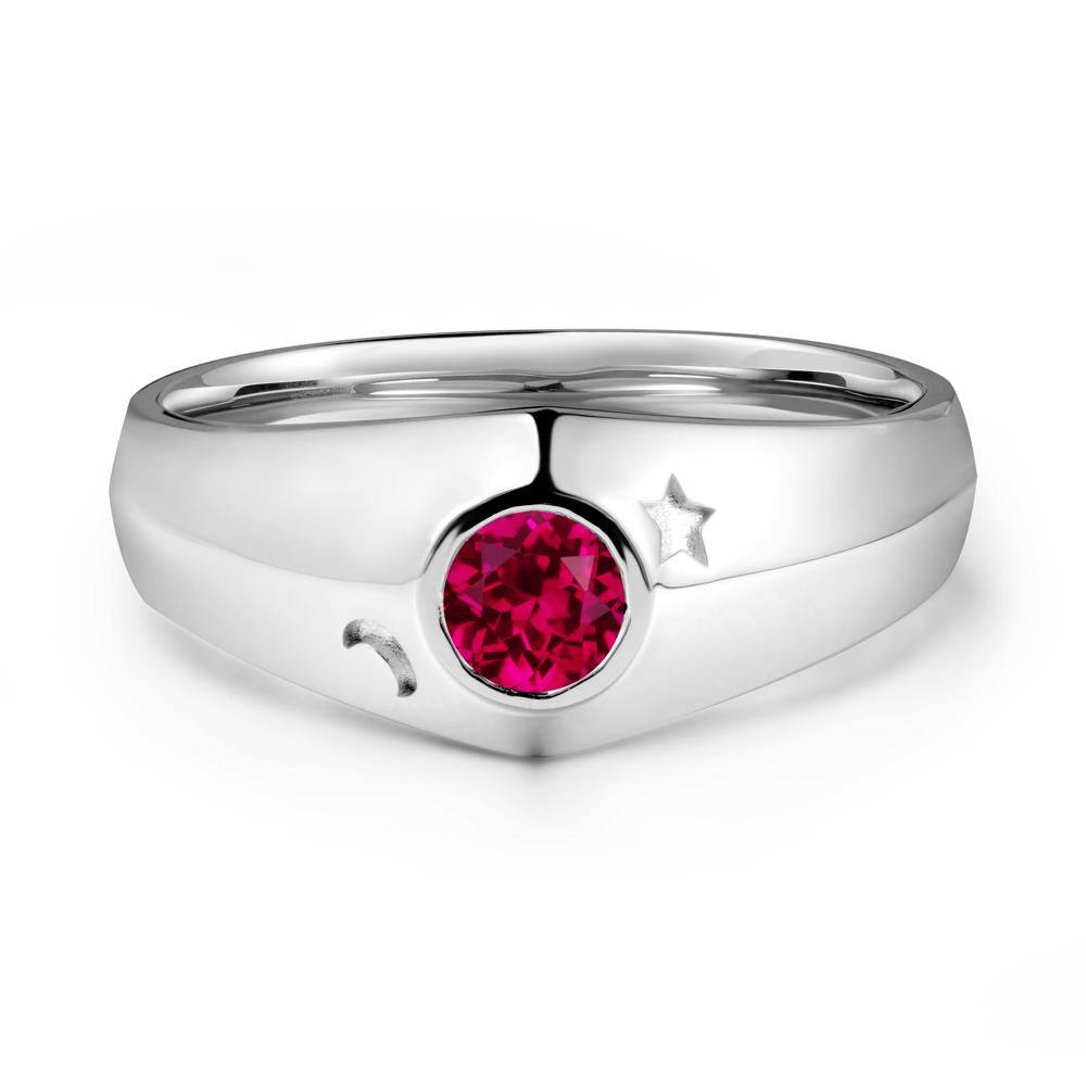 Crescent Moon and Star Bezel Set Ruby Man Ring - LUO Jewelry #metal_sterling silver