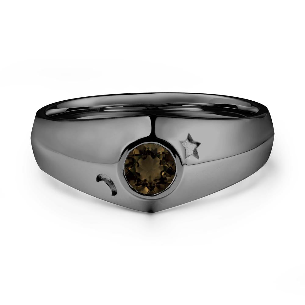 Bezel Setting Round Smoky Quartz Man Ring - LUO Jewelry #metal_black finish sterling silver