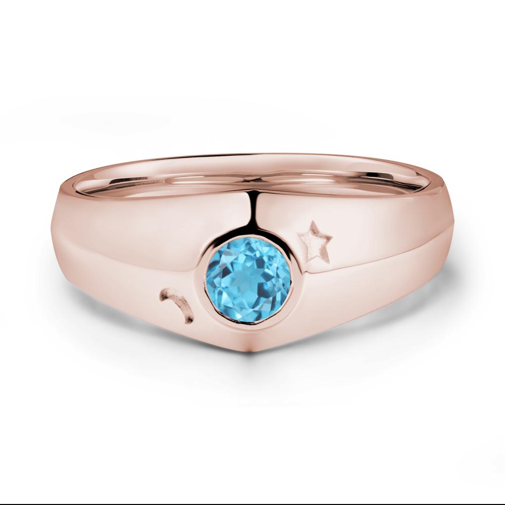 Crescent Moon and Star Bezel Set Swiss Blue Topaz Man Ring - LUO Jewelry #metal_14k rose gold