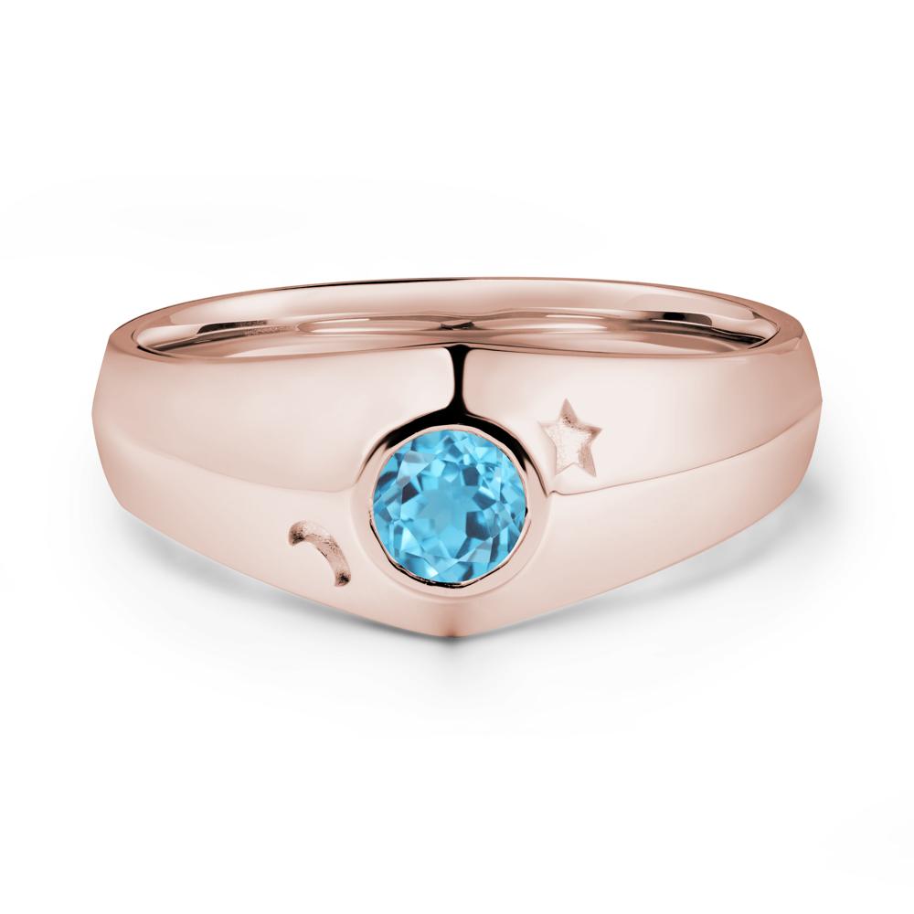 Crescent Moon and Star Bezel Set Swiss Blue Topaz Man Ring - LUO Jewelry #metal_14k rose gold