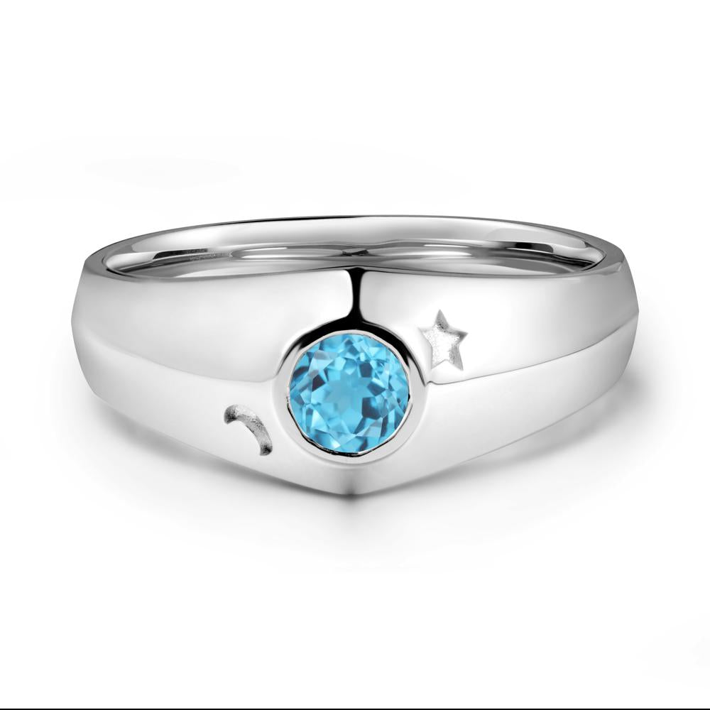 Crescent Moon and Star Bezel Set Swiss Blue Topaz Man Ring - LUO Jewelry #metal_18k white gold