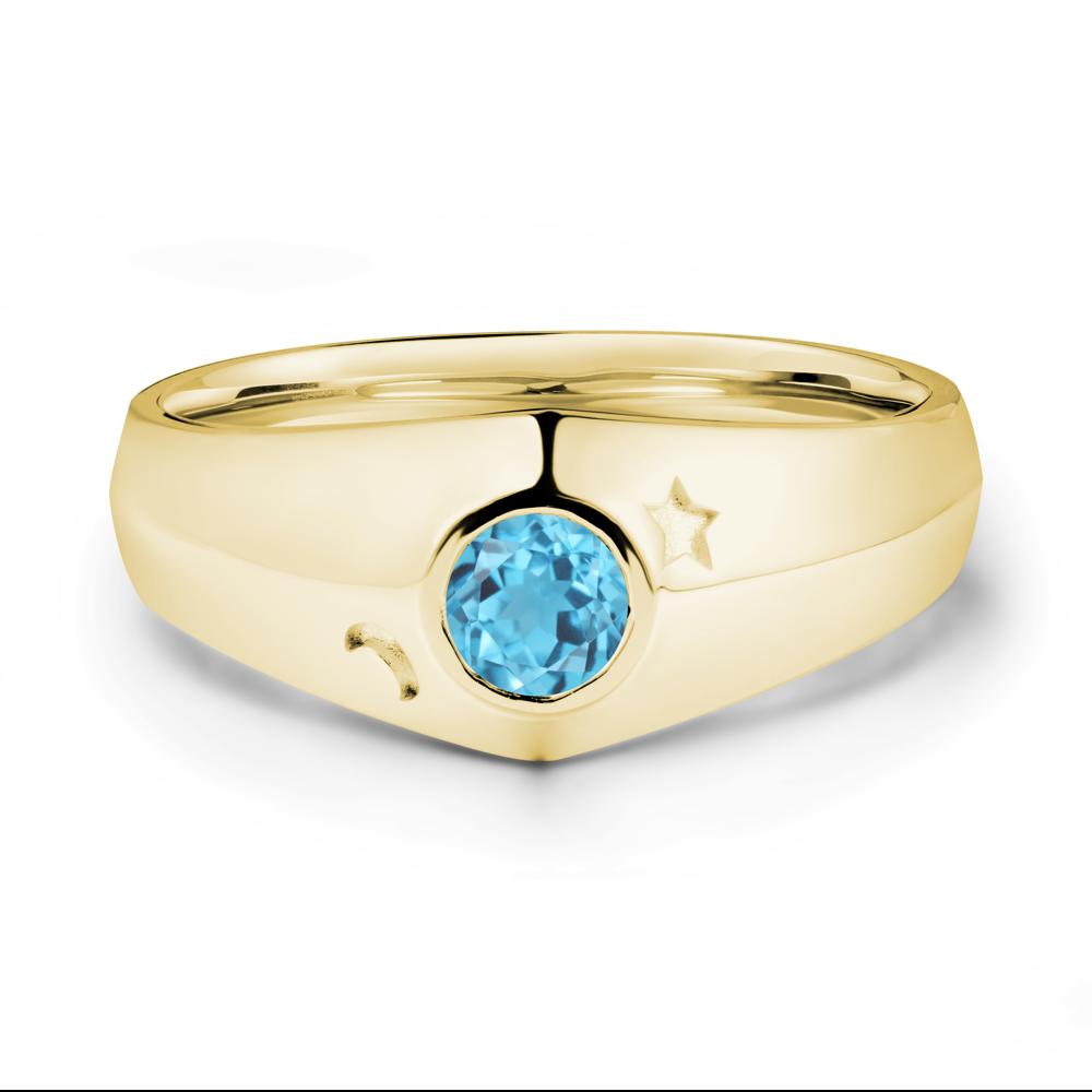 Crescent Moon and Star Bezel Set Swiss Blue Topaz Man Ring - LUO Jewelry #metal_18k yellow gold