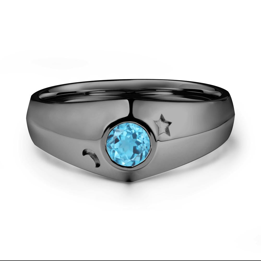 Crescent Moon and Star Bezel Set Swiss Blue Topaz Man Ring - LUO Jewelry #metal_black finish sterling silver