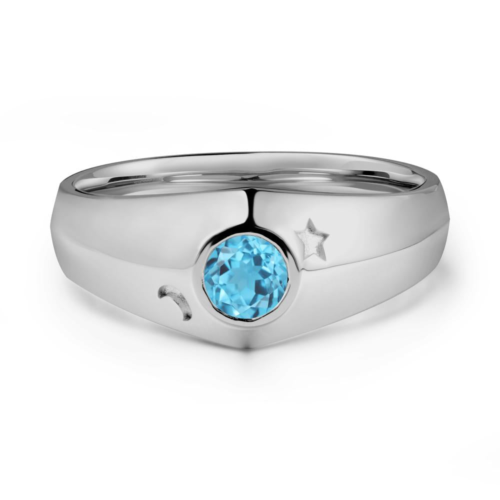 Crescent Moon and Star Bezel Set Swiss Blue Topaz Man Ring - LUO Jewelry #metal_platinum