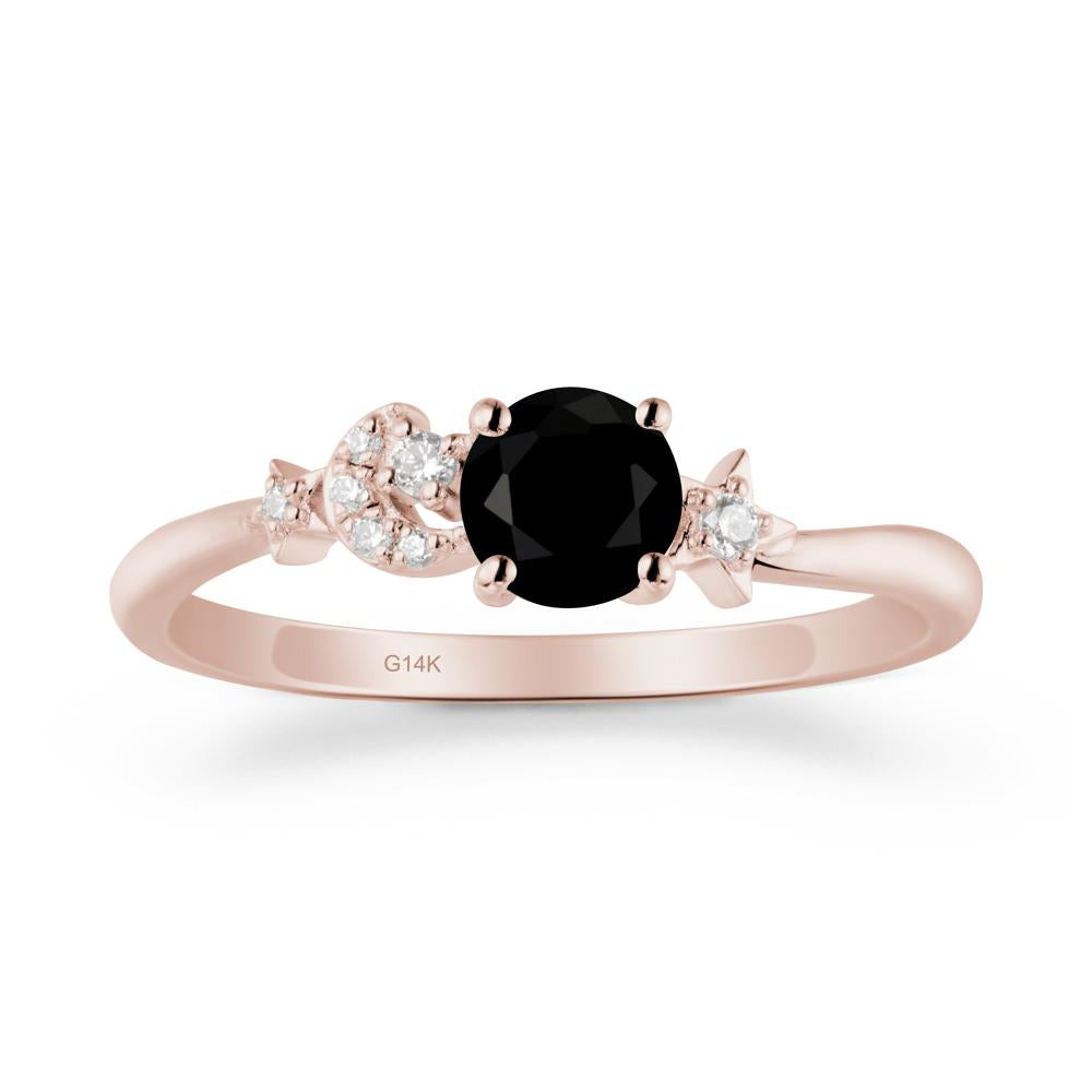 Round Black Spinel Ring with Moon and Pentacle - LUO Jewelry #metal_14k rose gold