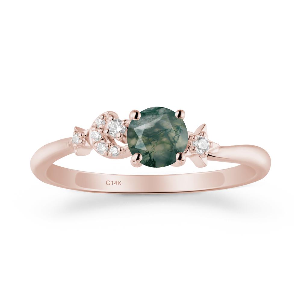 Round Moss Agate Ring with Moon and Pentacle - LUO Jewelry #metal_14k rose gold