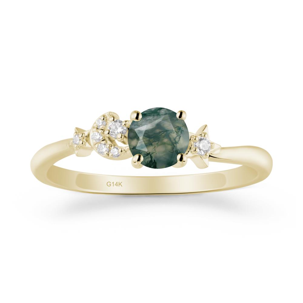 Round Moss Agate Ring with Moon and Pentacle - LUO Jewelry #metal_14k yellow gold