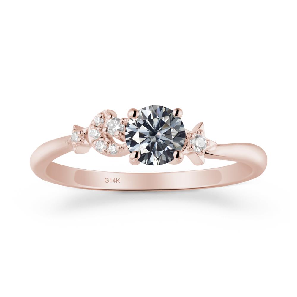 Round Grey Moissanite Ring with Moon and Pentacle - LUO Jewelry #metal_14k rose gold