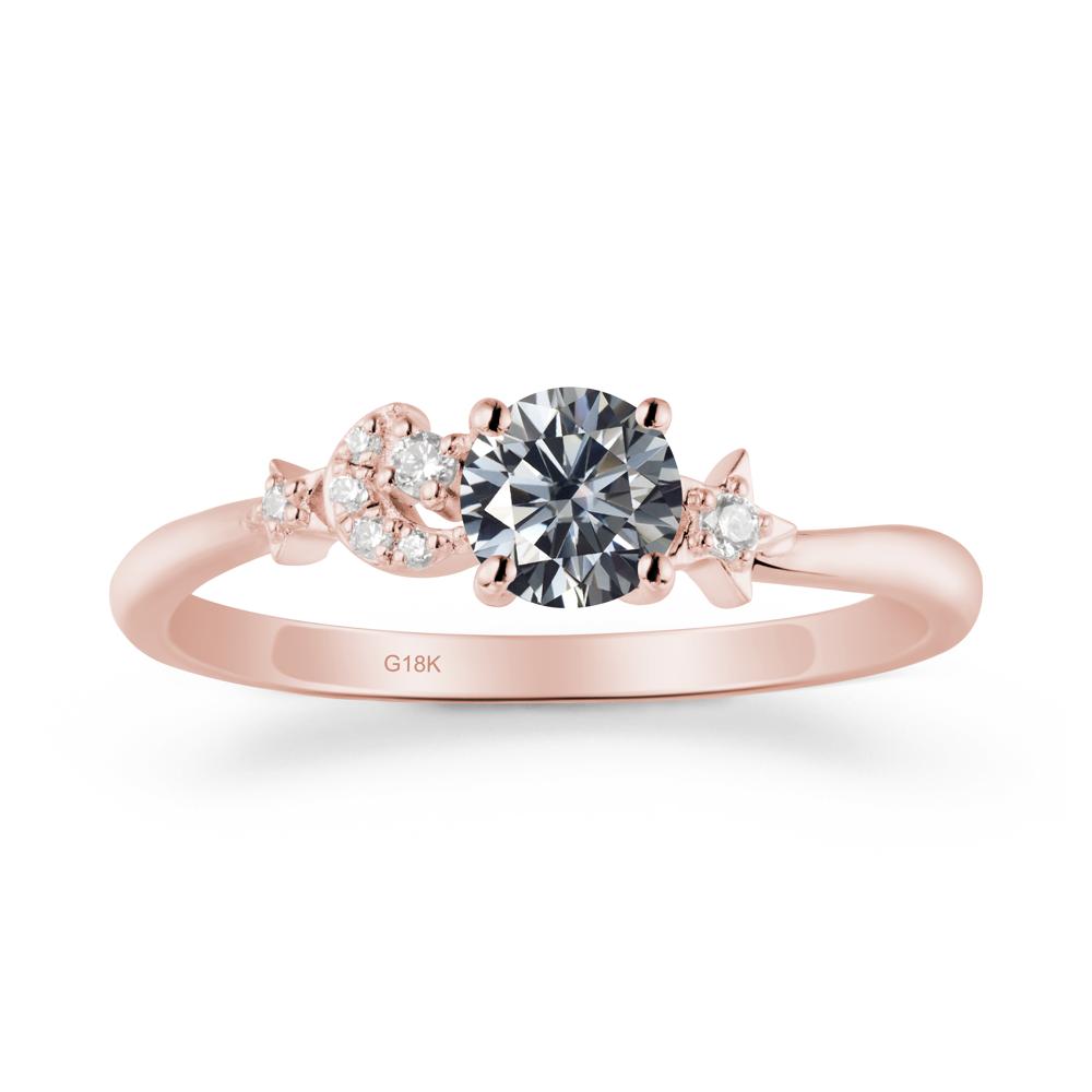 Round Grey Moissanite Ring with Moon and Pentacle - LUO Jewelry #metal_18k rose gold