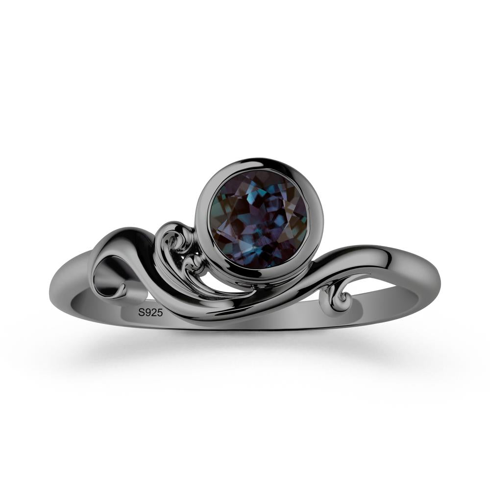 Bezel Setting Round Alexandrite Wave Ring - LUO Jewelry #metal_black finish sterling silver